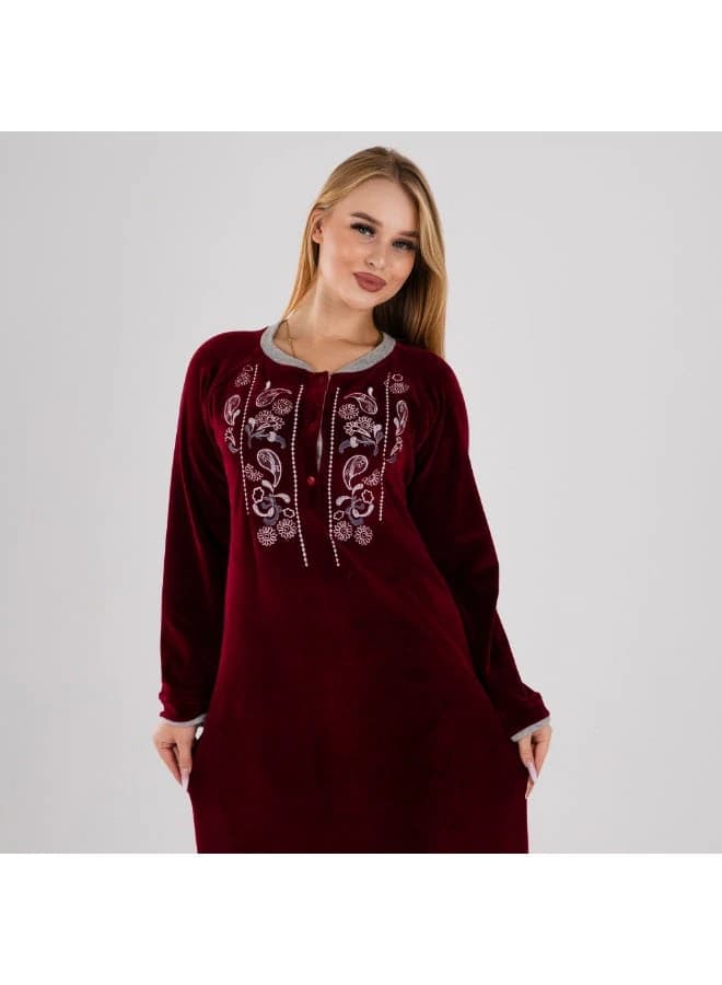 Women's Luxurious Maroon Velvet Winter Galabeya – Silver Embroidery Detail
