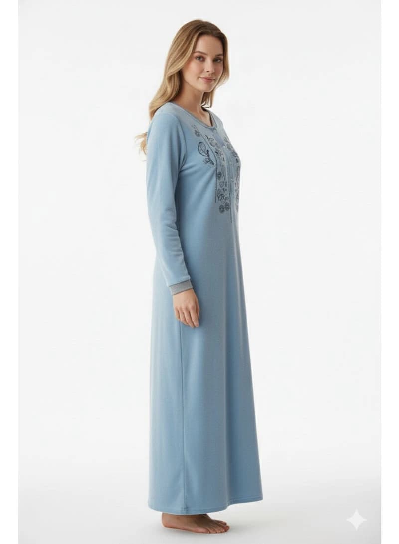 Women's Embroidered Velvet Winter Galabeya – Light Blue Long Sleeve