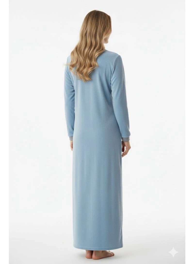 Women's Embroidered Velvet Winter Galabeya – Light Blue Long Sleeve