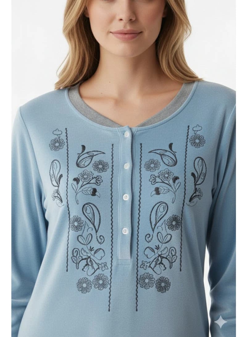 Women's Embroidered Velvet Winter Galabeya – Light Blue Long Sleeve