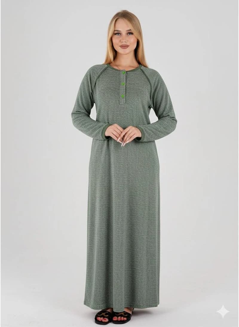 Women's Comfortable Long Galabeya Lounge Dress – Olive Green Herringbone