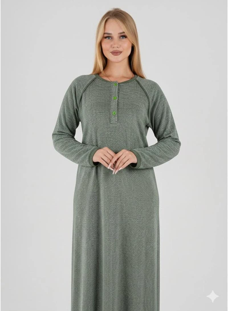 Women's Comfortable Long Galabeya Lounge Dress – Olive Green Herringbone