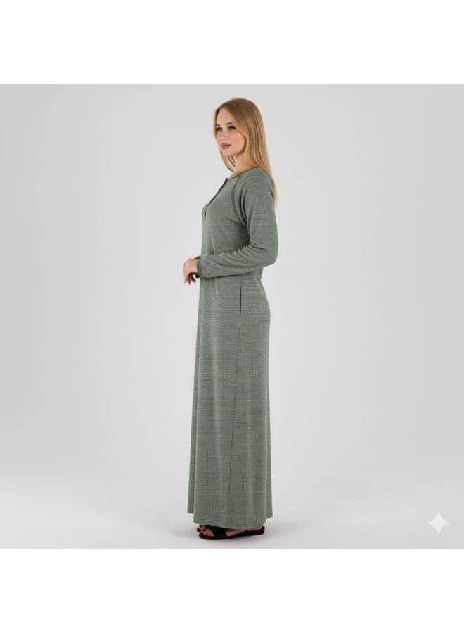 Women's Comfortable Long Galabeya Lounge Dress – Olive Green Herringbone