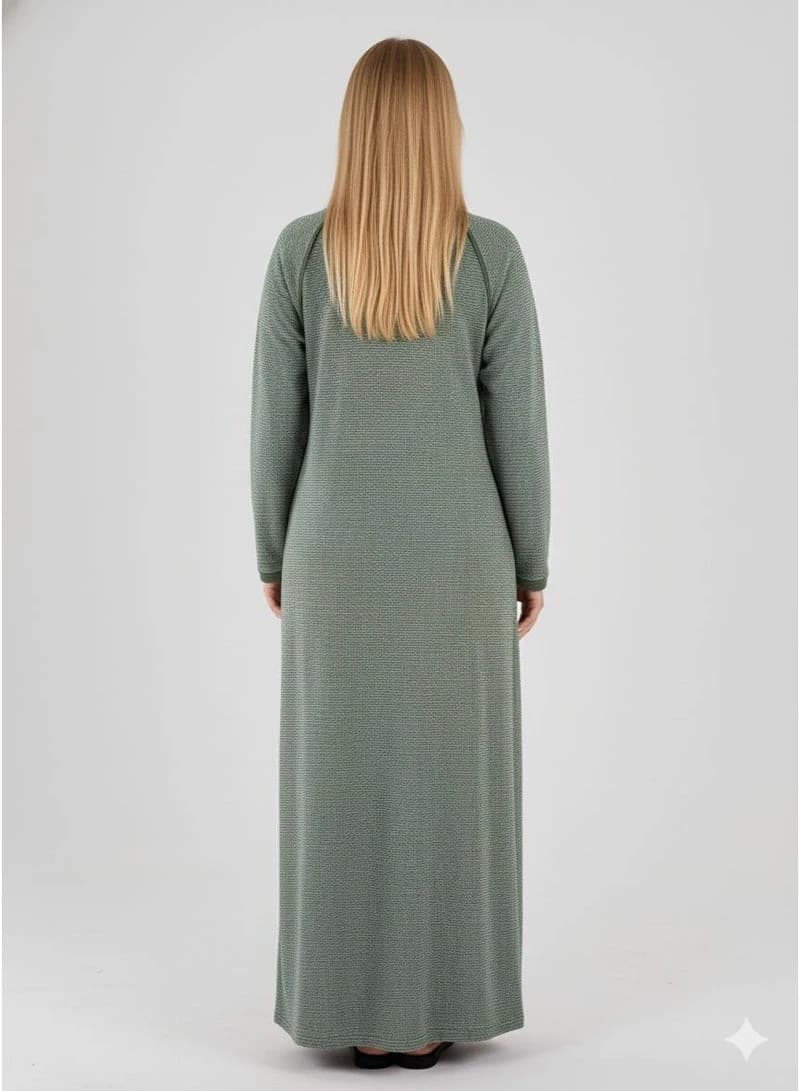 Women's Comfortable Long Galabeya Lounge Dress – Olive Green Herringbone