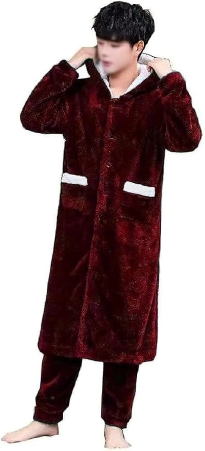 Men's 2-Piece Fleece Pajama – Long Button Jacket with Hood & Pants