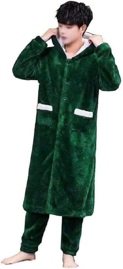 Men's 2-Piece Fleece Pajama – Long Button Jacket with Hood & Pants