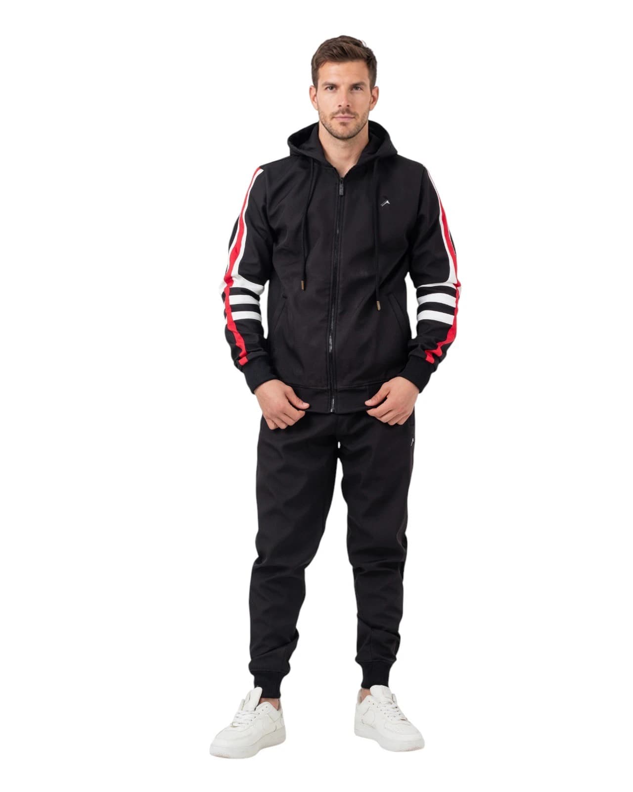 Men's zip-up hooded tracksuit with stripes on the sleeves, jacket and pants