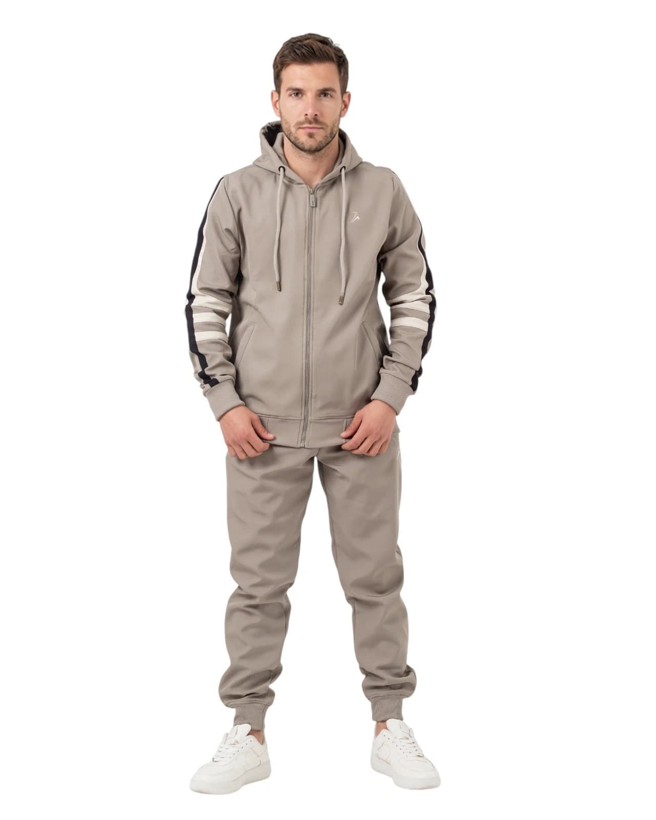 Men's zip-up hooded tracksuit with stripes on the sleeves, jacket and pants