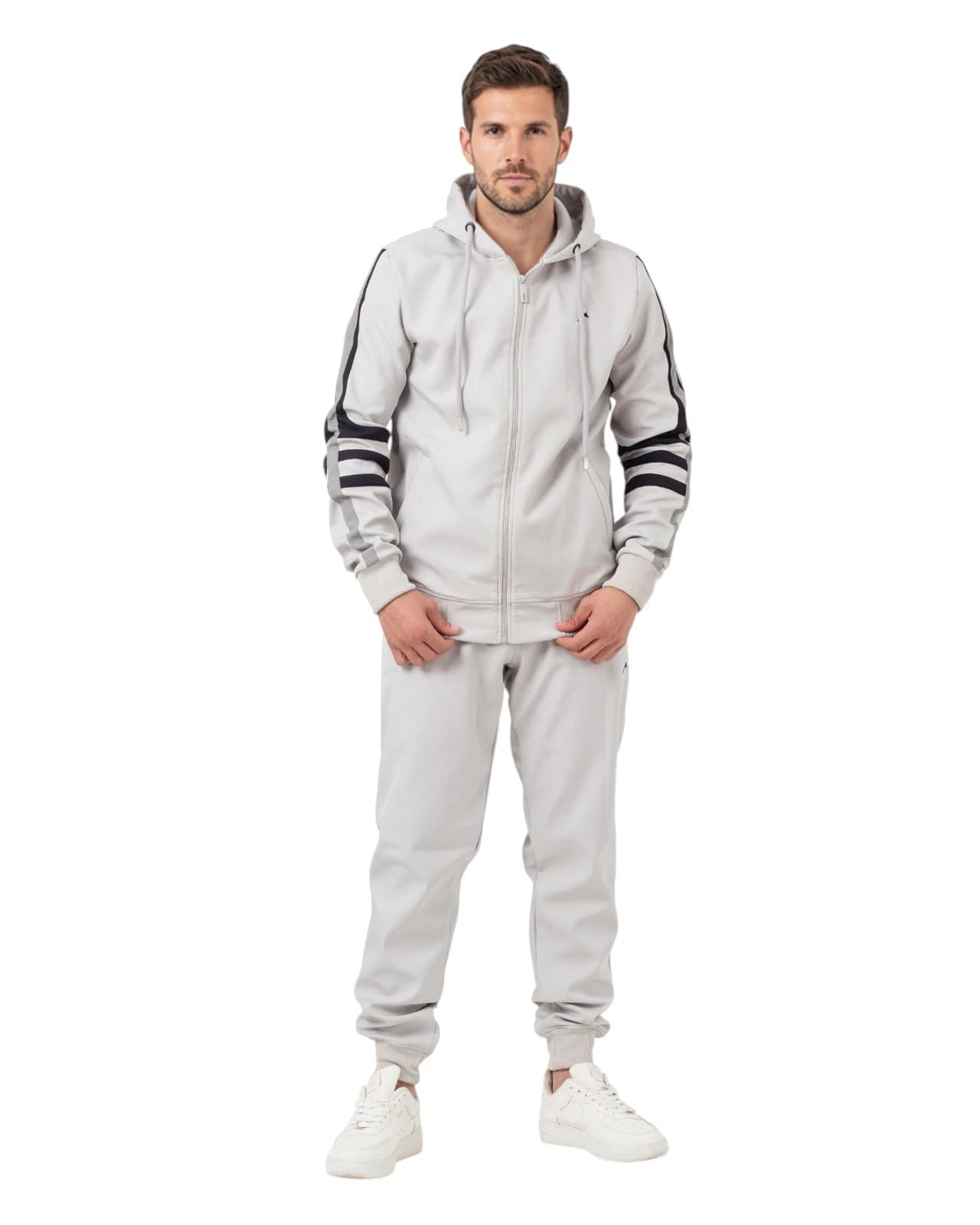 Men's zip-up hooded tracksuit with stripes on the sleeves, jacket and pants