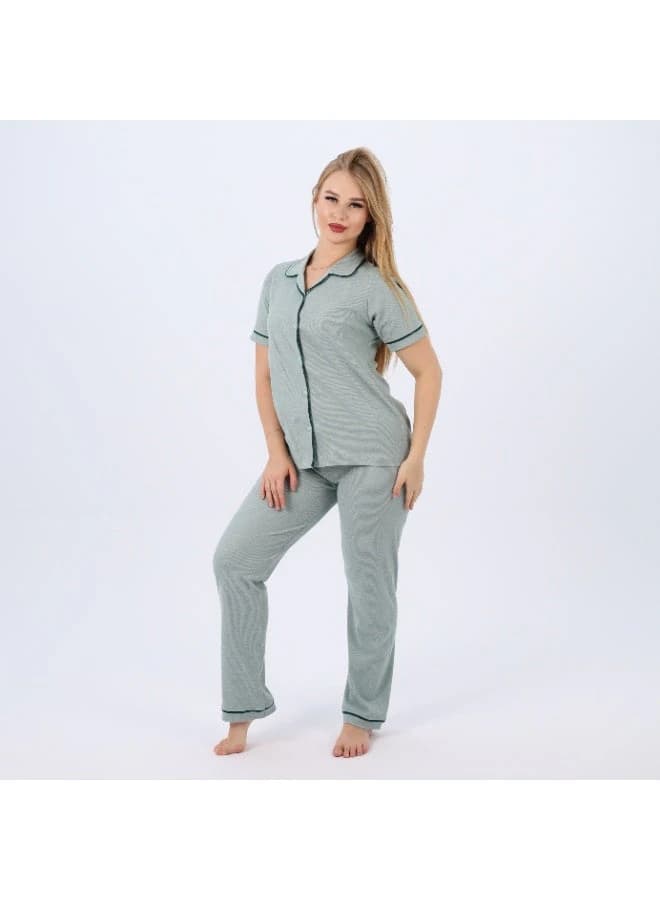 Women's Classic Cotton Pajama Set – Short Sleeve Button‑Up & Long Pants