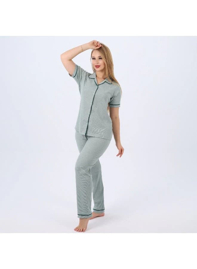 Women's Classic Cotton Pajama Set – Short Sleeve Button‑Up & Long Pants