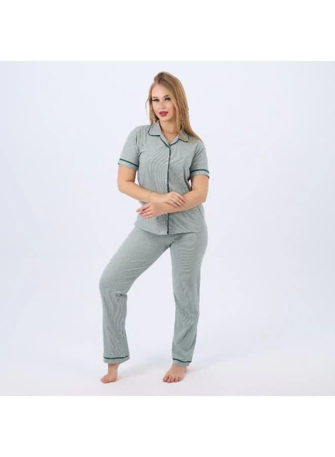 Women's Classic Cotton Pajama Set – Short Sleeve Button‑Up & Long Pants