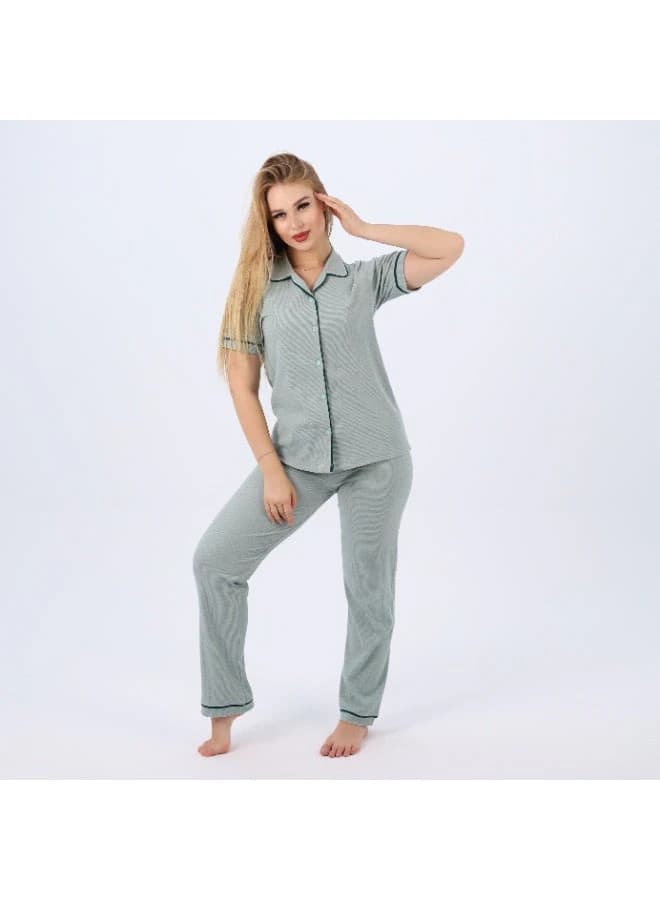 Women's Classic Cotton Pajama Set – Short Sleeve Button‑Up & Long Pants