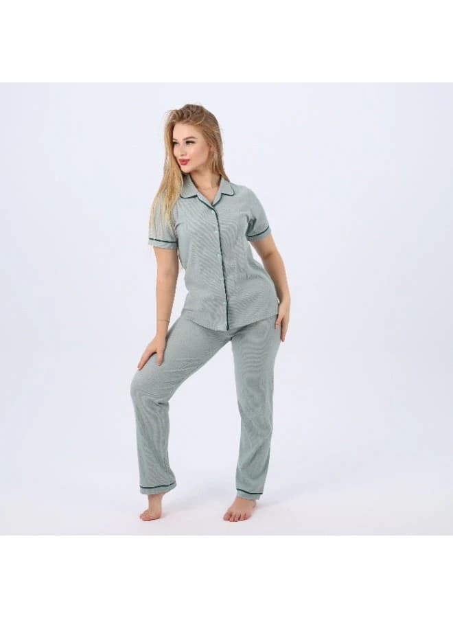 Women's Classic Cotton Pajama Set – Short Sleeve Button‑Up & Long Pants