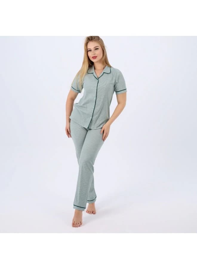 Women's Classic Cotton Pajama Set – Short Sleeve Button‑Up & Long Pants