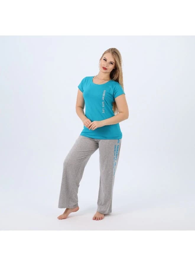Women's Embroidered Cotton Pajama Set – Short Sleeve Top & Wide-Leg Pants S-3XL