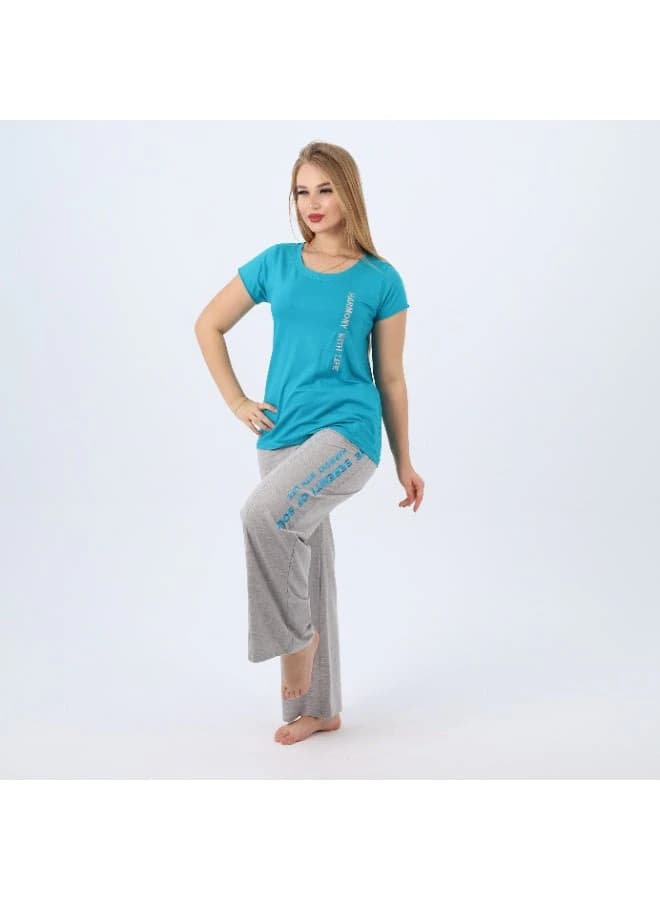 Women's Embroidered Cotton Pajama Set – Short Sleeve Top & Wide-Leg Pants S-3XL