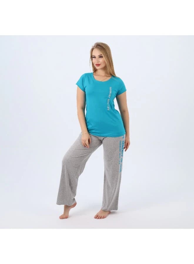 Women's Embroidered Cotton Pajama Set – Short Sleeve Top & Wide-Leg Pants S-3XL