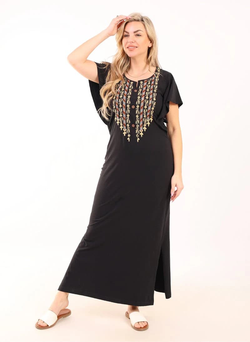 Women's Summer Maxi Abaya Nightgown – Black Embroidered Viscose Maxi Dress