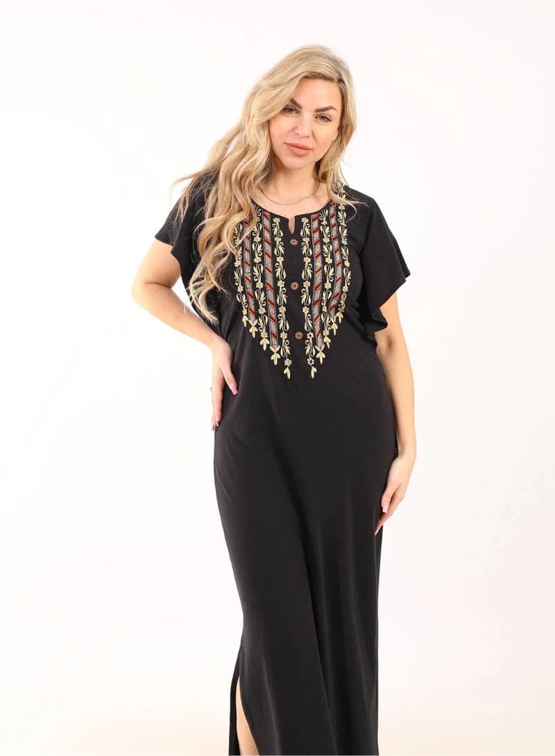 Women's Summer Maxi Abaya Nightgown – Black Embroidered Viscose Maxi Dress