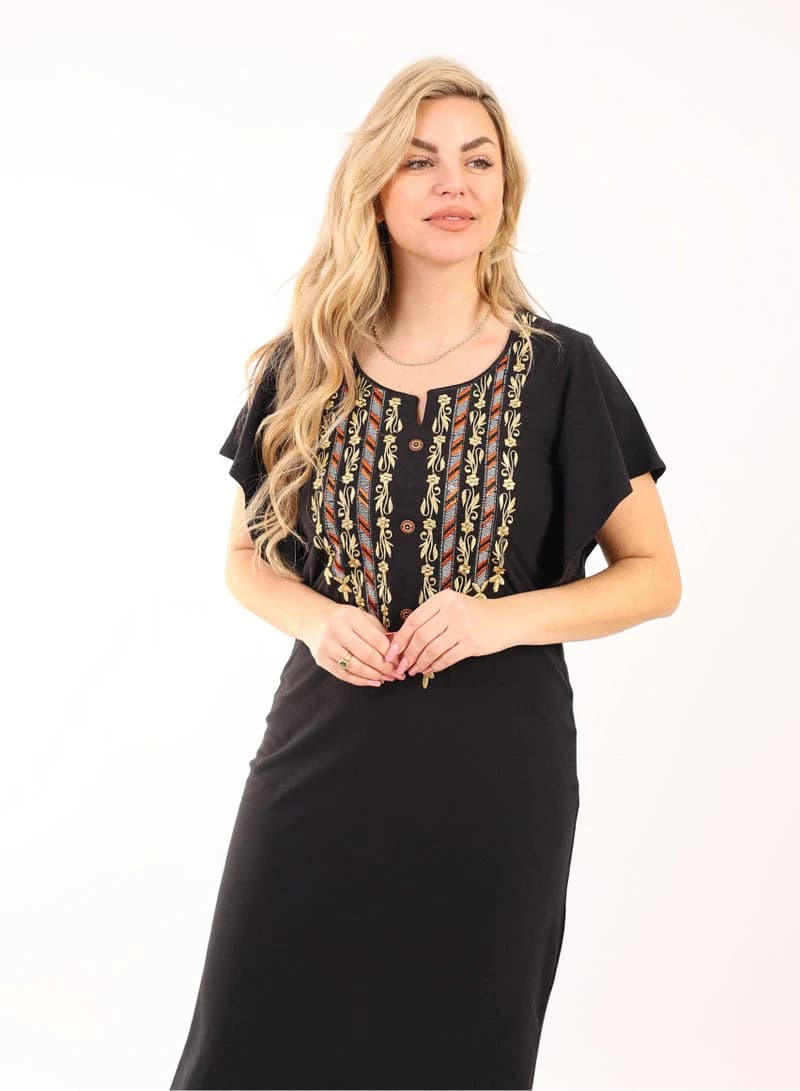 Women's Summer Maxi Abaya Nightgown – Black Embroidered Viscose Maxi Dress