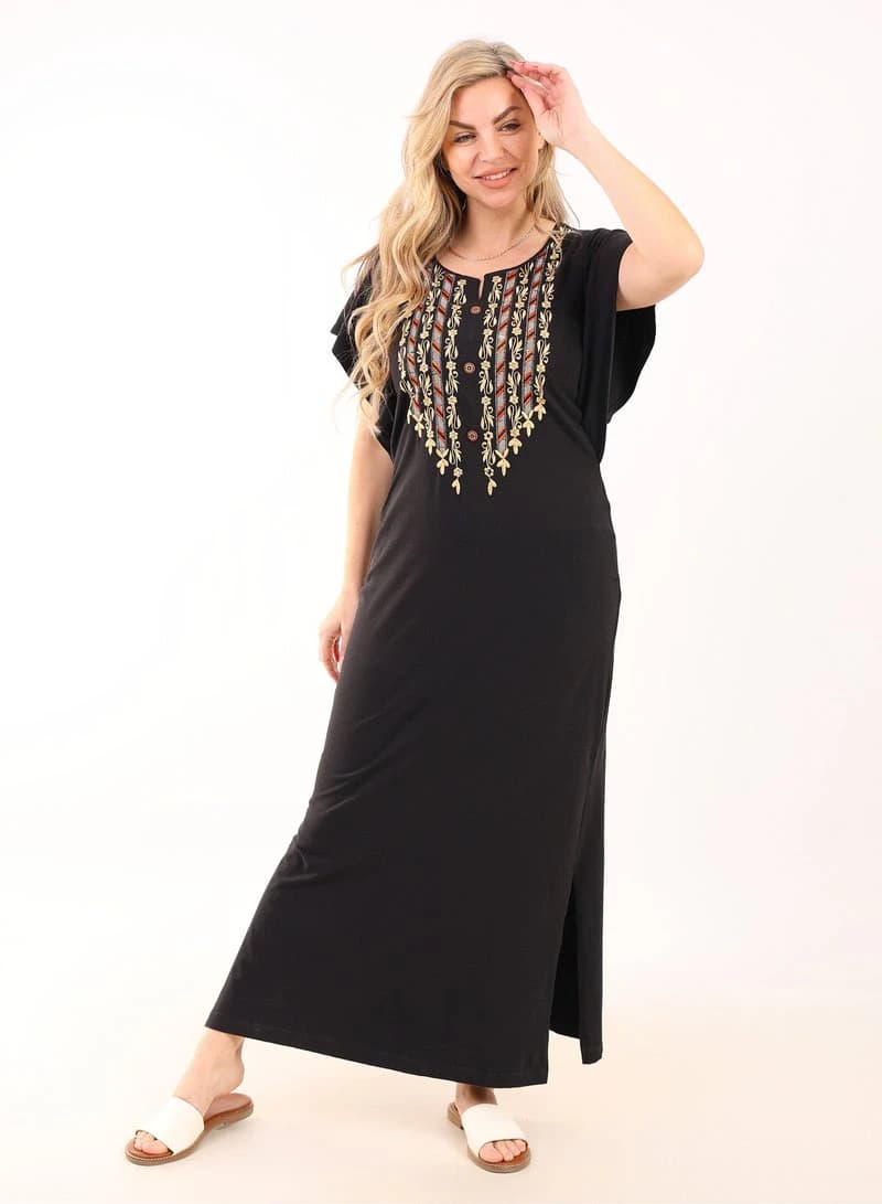 Women's Summer Maxi Abaya Nightgown – Black Embroidered Viscose Maxi Dress