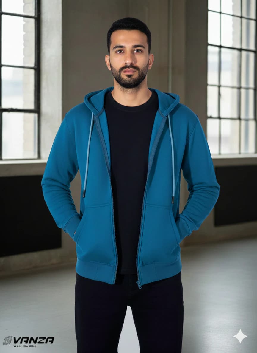 Petrol Blue Zip-Up Sweatshirt 100 Cotton Milton Fabric