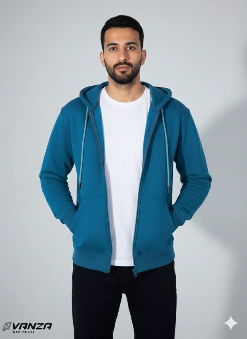 Petrol Blue Zip-Up Sweatshirt 100 Cotton Milton Fabric