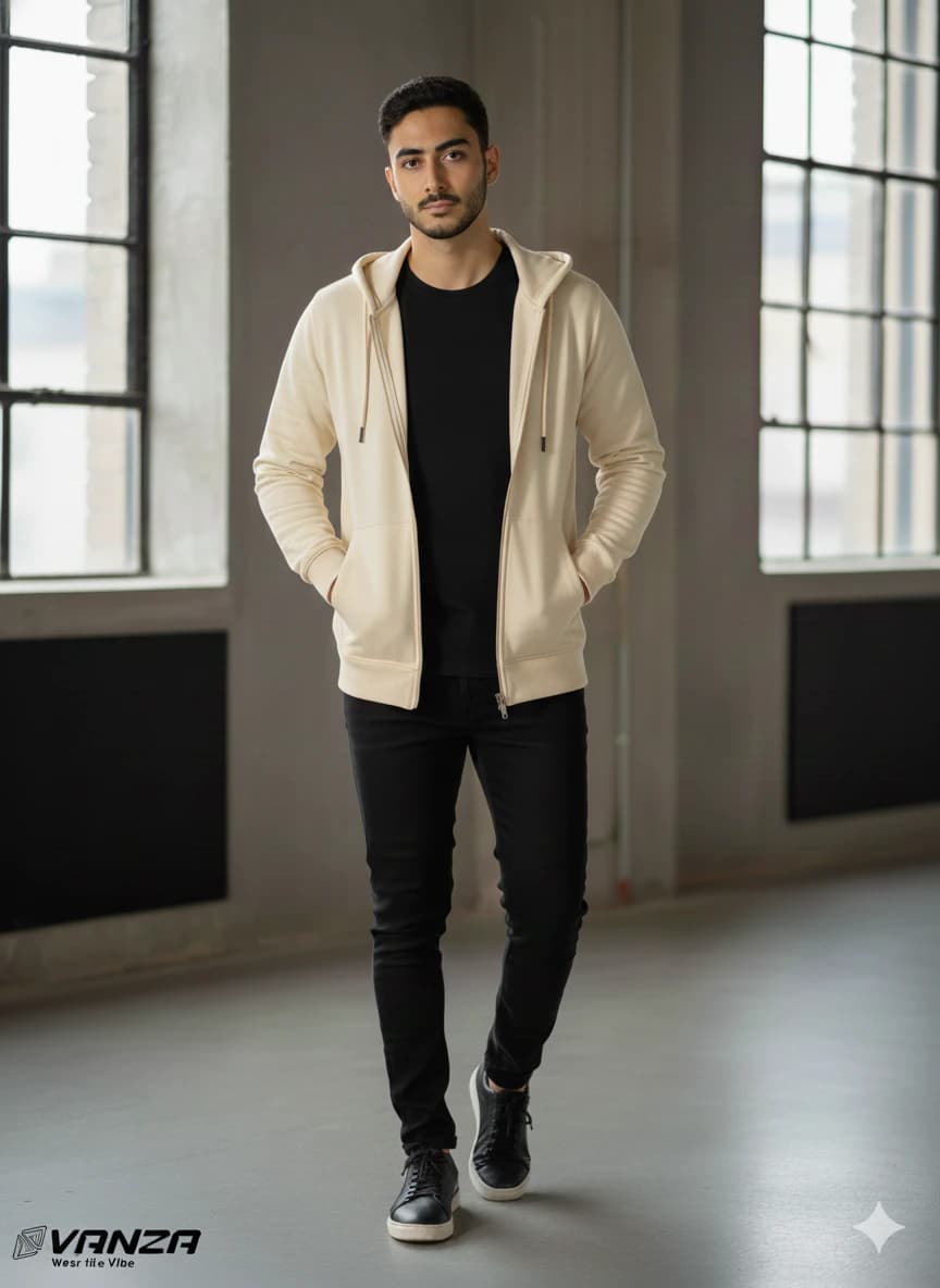 Light Beige Zip-Up Sweatshirt 100 Cotton Milton Fabric