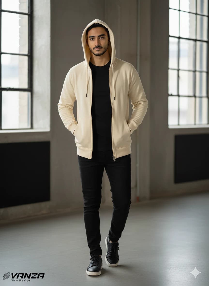 Light Beige Zip-Up Sweatshirt 100 Cotton Milton Fabric