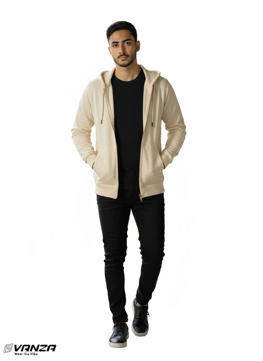 Light Beige Zip-Up Sweatshirt 100 Cotton Milton Fabric