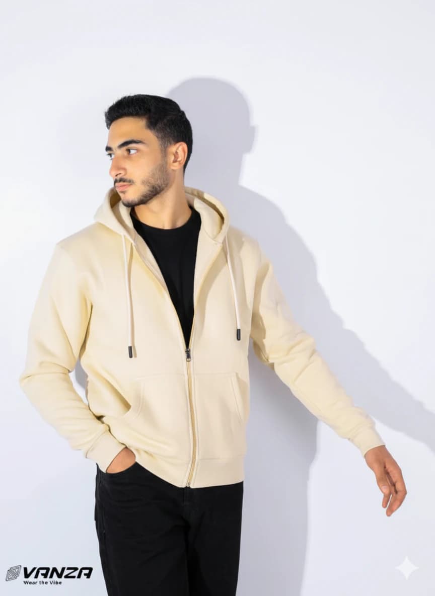 Light Beige Zip-Up Sweatshirt 100 Cotton Milton Fabric