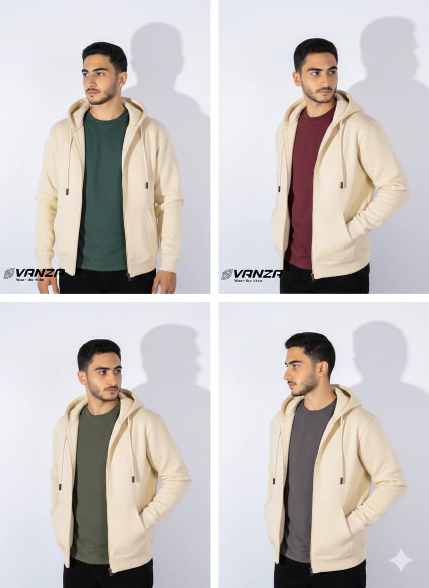 Light Beige Zip-Up Sweatshirt 100 Cotton Milton Fabric