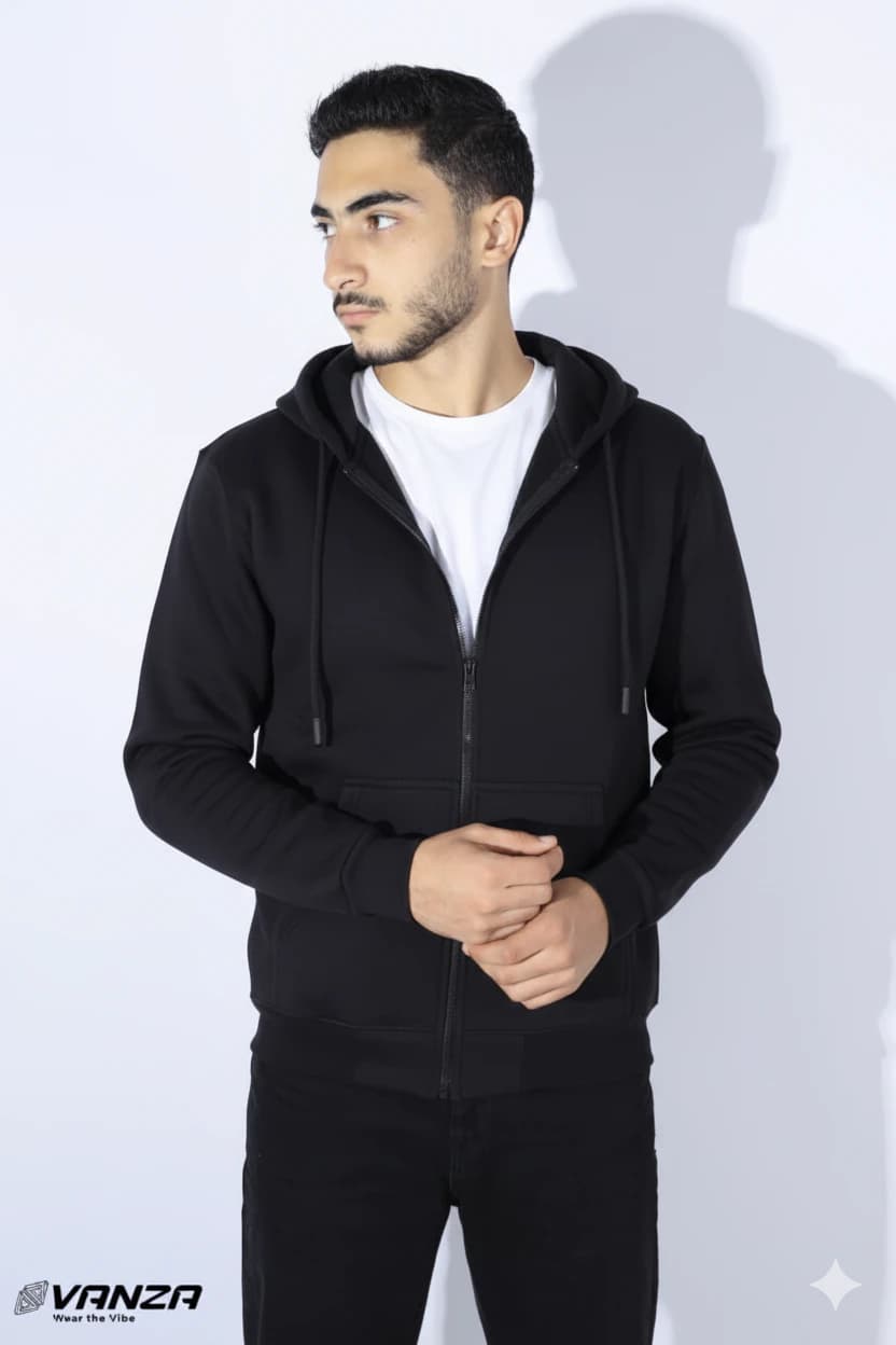 Vanza zip-up sweatshirt, black - 100 cotton Melton fabric