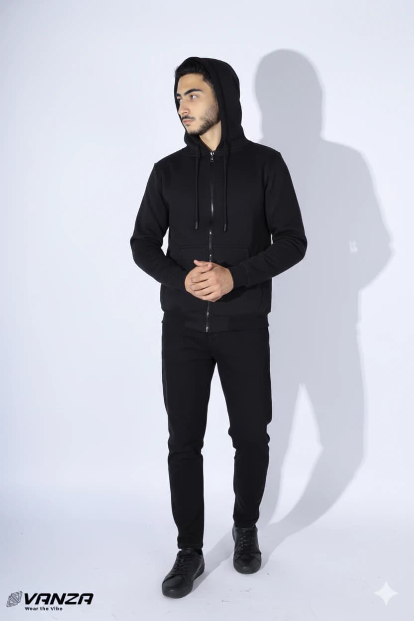 Vanza zip-up sweatshirt, black - 100 cotton Melton fabric