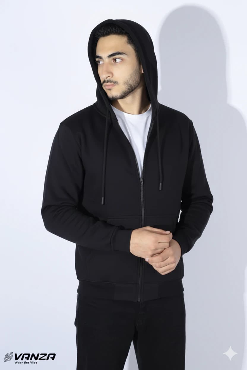 Vanza zip-up sweatshirt, black - 100 cotton Melton fabric