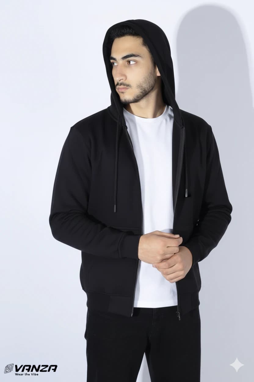 Vanza zip-up sweatshirt, black - 100 cotton Melton fabric