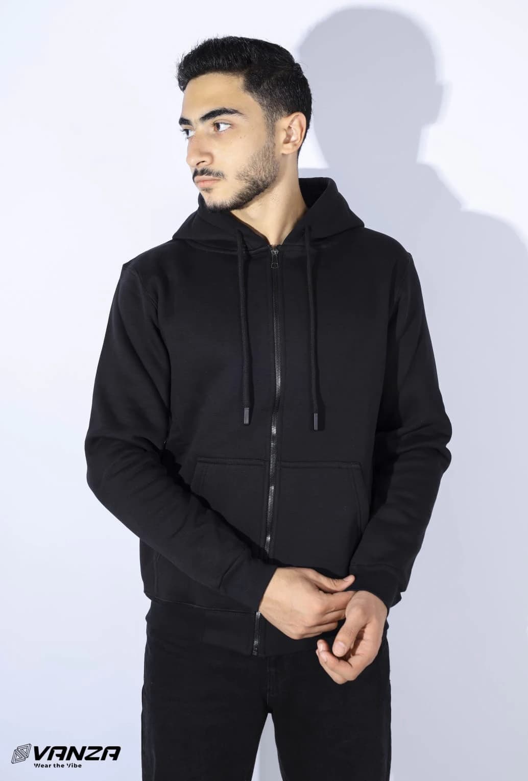 Vanza zip-up sweatshirt, black - 100 cotton Melton fabric