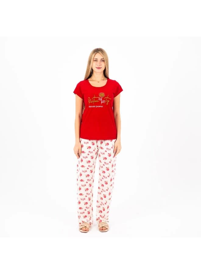 Women's Printed Pajama Set – Red Top with Floral Pants