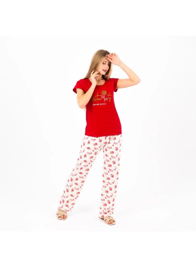 Women's Printed Pajama Set – Red Top with Floral Pants
