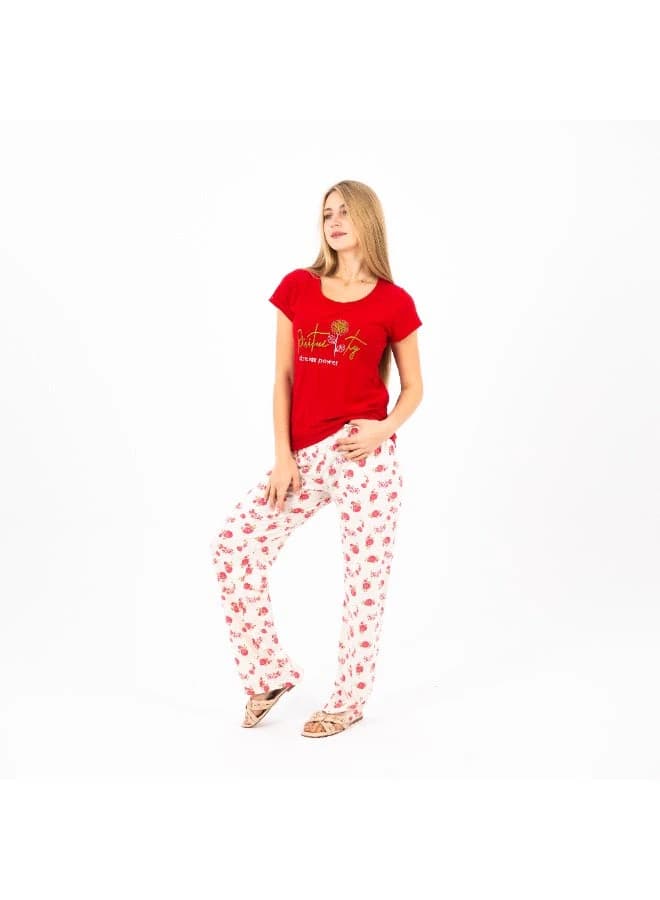 Women's Printed Pajama Set – Red Top with Floral Pants