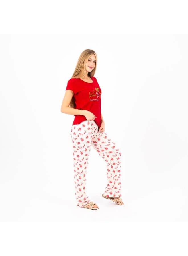 Women's Printed Pajama Set – Red Top with Floral Pants