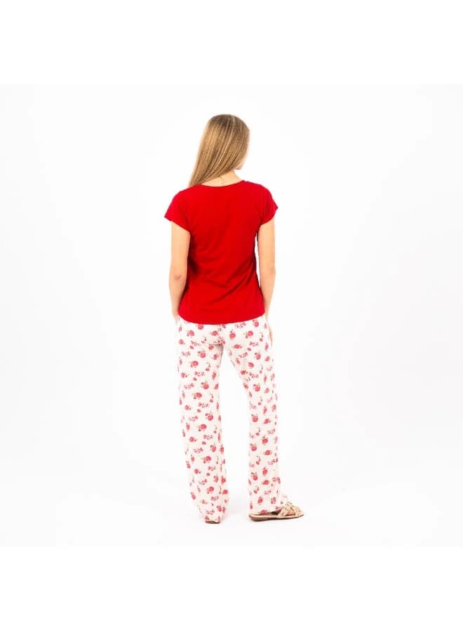 Women's Printed Pajama Set – Red Top with Floral Pants