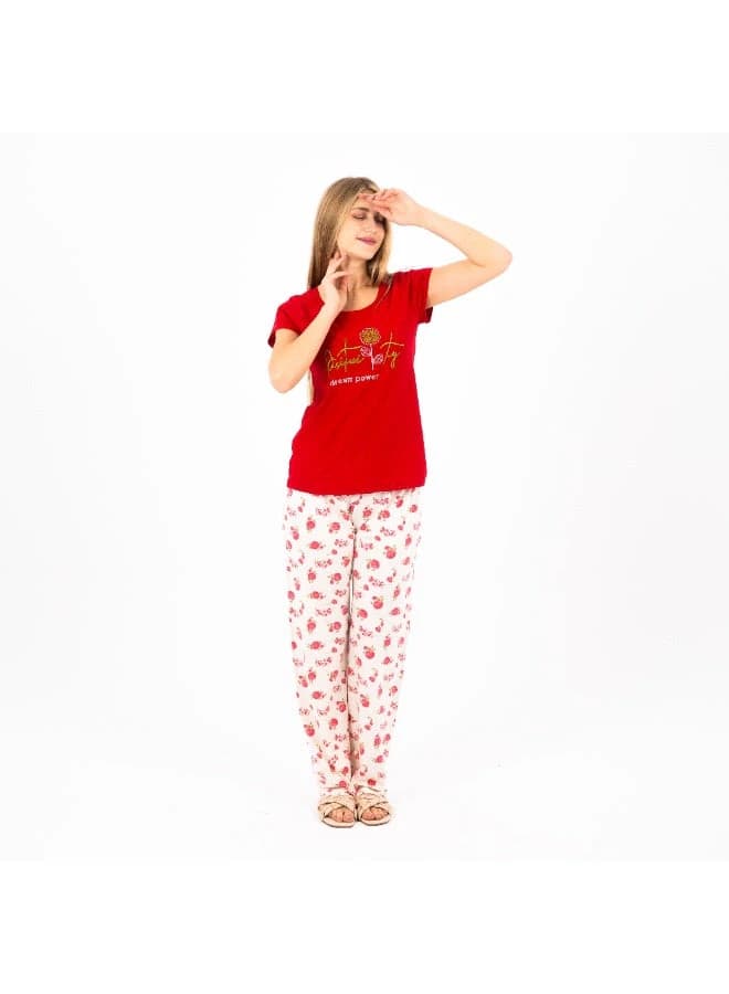 Women's Printed Pajama Set – Red Top with Floral Pants