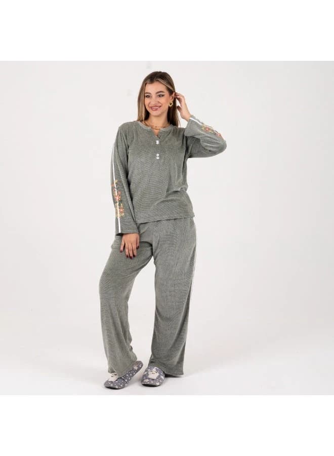 Cozy Grey Ribbed Velour Loungewear Set – Floral Embroidery