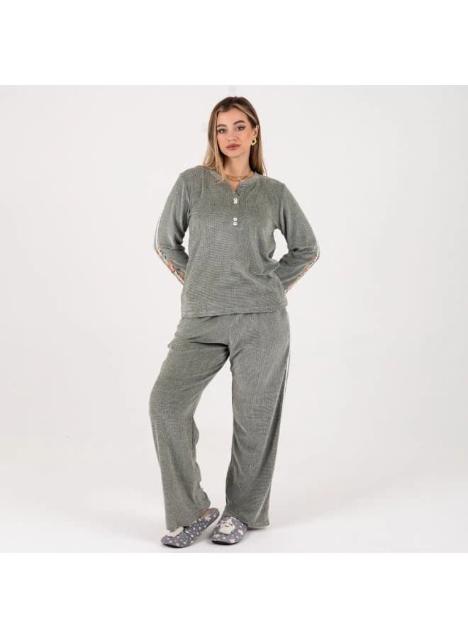 Cozy Grey Ribbed Velour Loungewear Set – Floral Embroidery