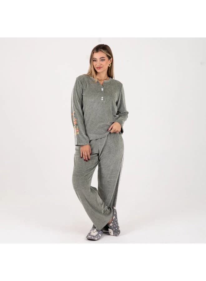 Cozy Grey Ribbed Velour Loungewear Set – Floral Embroidery