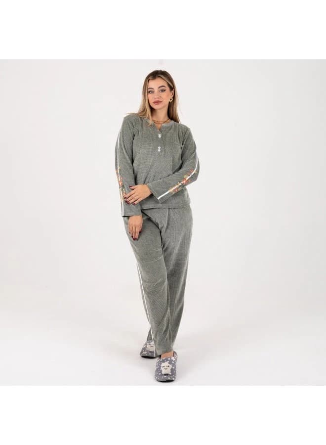 Cozy Grey Ribbed Velour Loungewear Set – Floral Embroidery
