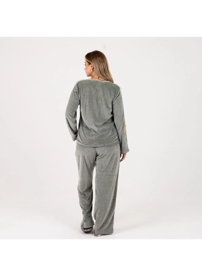 Cozy Grey Ribbed Velour Loungewear Set – Floral Embroidery