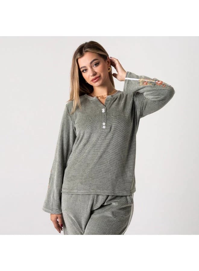 Cozy Grey Ribbed Velour Loungewear Set – Floral Embroidery